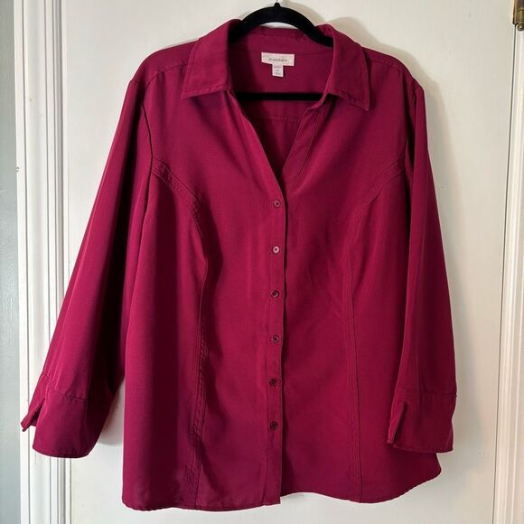 Dressbarn 2X berry color button up shirt princess seam flip cuff long sleeve - Picture 1 of 10